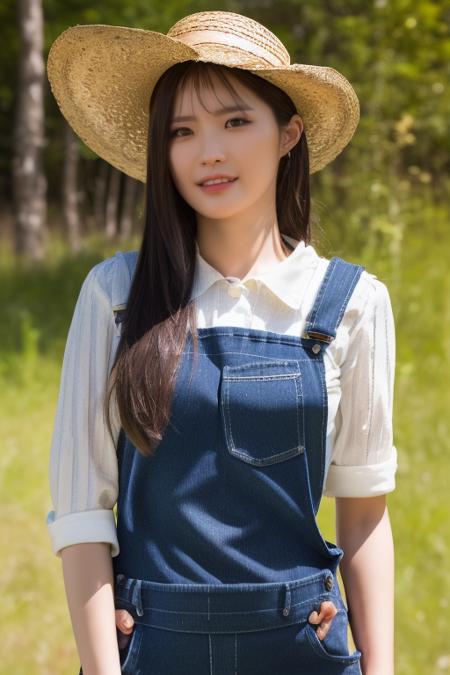 <lora:fromisHayoungV2:1>,Hayoung,(cowboy shot:1.3),(straw hat:1.2),(pov:1.3),korean, woman, complex 3d render ultra detailed, portrait of beautiful woman, moody portrait, striking features, beauty, intricate details, dramatic composition, tension, contrast, texture, realism, high-quality rendering, stunning art, high quality, film grain, Fujifilm XT3,swirly bokeh,(realistic, photo-realistic:1.4),RAW photo,physically-based rendering,(looking at viewer:1.4),(8k, best quality, masterpiece:1.2),(full body shot:1.1),octane render,extremely detailed CG, unity 8k wallpaper,(studio soft light, rim light,in forest,sunlight:1.2),standing,(a girl is wearing denim overalls:1.5),hyper realistic detail shiny skin,ultra detailed,(ultra realistic:1.5),(intricate:1.2),(photorealistic:1.4),1girl,(skinny:1.3),detailed background