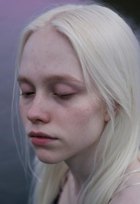 Close-up, portrait of a face of 24 years old angelic looking albino girl With long white hair, Sleeping on a lake, dark Purple-ish twilight sky reflection and luminis, Foggy, haze, Cinematic ,sony A7iii, Sony FE 50mm f/1.2 GM Lens, 100 ISO, 1/1000s, F/1.8