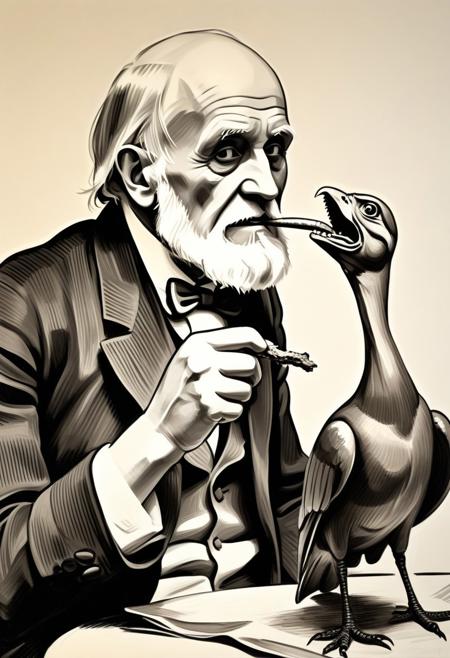 (masterpiece), pencing drawing, happy Charles Darwin is eating a delightful (roasted bird leg), an ostrich watches in horror, dwx6, good composition, by Picasso
