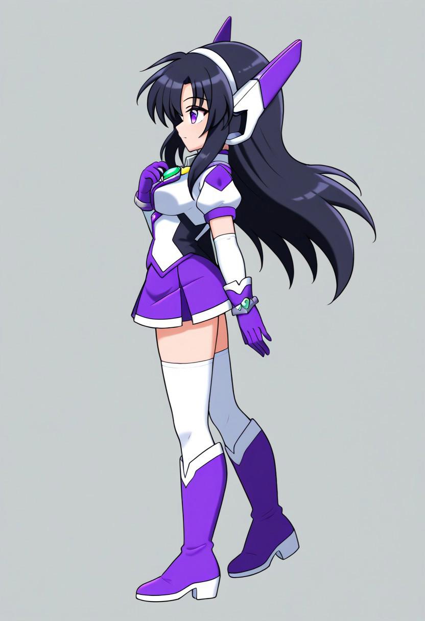 score_9, score_8_up, score_7_up, source_anime, good anatomy,purpswa, 1girl, solo, black hair, long hair, purple eyes, purswaoutfit, white and purple shirt, raised collar, white hairband, white and purple headphones, white and purple glove, wristband, green gems, purple skirt with white trim, miniskirt, white thighhighs, zettai ryouiki, white and purple boots, standing, full body, from side, side view