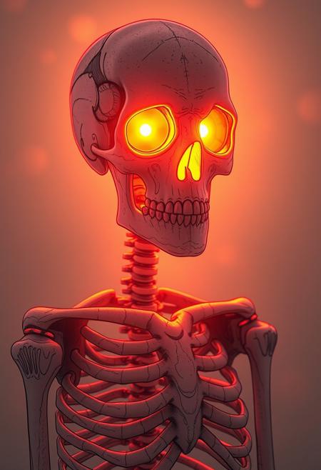 single continuous minimal ink drawing skeleton with glowing eyes, warm orange and pink hues casting a beautiful glow, cinematic lighting, detailed digital painting by Aaron Blaise and Robert Bateman and Carl Runguis, 4k resolution, hyperrealistic rendering, ethereal atmosphere