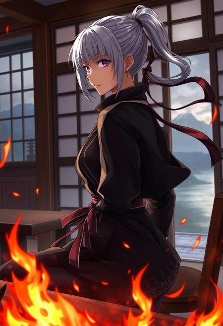 1girl, left side of belt, ninja, vampire, actress, tan, determined, ponytail, short hair, (silver hair:1.2), wind, ribbon, sitting, scenery,ryokan, scenery, table, chair, indoors, window, sliding doors, shadow, tatami, door, realistic, closeup shot, side shotThe color palette is dark, evoking a sense of intimidation and power, Against the backdrop of wilderness and water towers,surrounded by flames