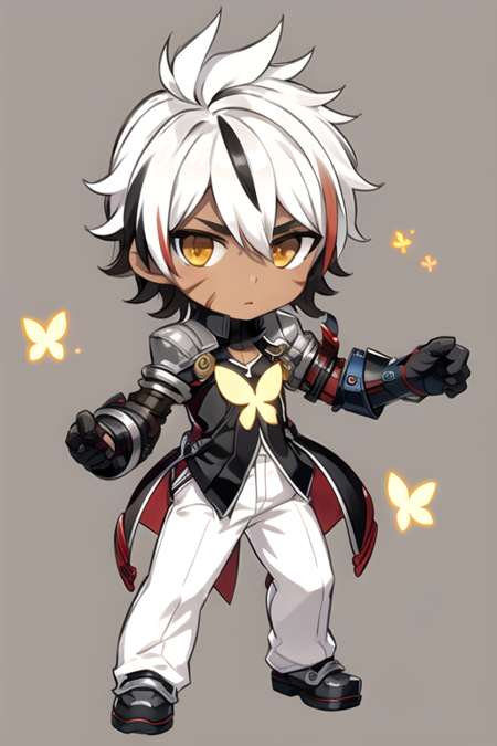 <lora:RavenV2-10:0.7> , ravenc, solo, black hair, 1boy, full body, yellow eyes, white hair, male focus, shoes, pants, dark skin, chibi, streaked hair, scar, bug, messy hair, butterfly, scar on face, mechanical arms, single mechanical arm, prosthesis