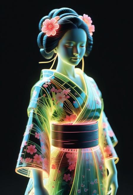 <lora:World_of_Glass_Filament:0.6> made of, tiny neon (glass:1.1) filaments, w0gf1l, Android, geisha, with robotic parts, in flowery kimono, Intricate details, 8 k, cinematic <lora:sss:0.8> subsurface scattering, sss <lora:envyStarlight_v10:0.8>
