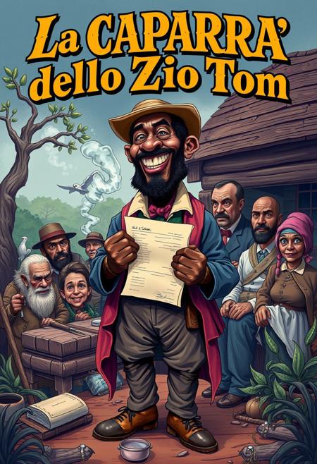 “Illustrate a caricature-style book cover inspired by Uncle Tom’s Cabin, reimagined as La CAPARRA dello Zio Tom. The scene should feature exaggerated, satirical elements with bold, dynamic colors that evoke the vintage aesthetic of 19th-century illustrated book covers.
Uncle Tom is portrayed as a humorous, larger-than-life character, dressed in tattered yet vibrant clothing, holding a contract or receipt symbolizing ‘la caparra’ (the deposit). Surround him with symbolic elements representing social commentary, such as exaggerated caricatures of other characters from the original novel, set in a plantation backdrop with surreal and whimsical tones.
The title, La CAPARRA dello Zio Tom, should be prominently displayed in bold, ornate lettering that blends classic typography with a playful twist. Include smaller details that highlight the satirical nature of this cover while staying respectful to the original themes of the book.”
