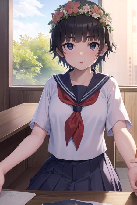 uiharukazari, <lyco:uiharukazari-lyco-nochekaiser:1>,
uiharu kazari, (black eyes:1.5), black hair, flower, hair flower, hair ornament, head wreath, short hair, bangs, blunt bangs,
BREAK armband, sakugawa school uniform, school uniform, serafuku, skirt, summer uniform, neckerchief, red neckerchief, blue sailor collar, blue skort, short sleeves,
BREAK looking at viewer, upper body, fully body,
BREAK indoors, classroom,
BREAK <lyco:GoodHands-beta2:1>, (masterpiece:1.2), best quality, high resolution, unity 8k wallpaper, (illustration:0.8), (beautiful detailed eyes:1.6), extremely detailed face, perfect lighting, extremely detailed CG, (perfect hands, perfect anatomy),