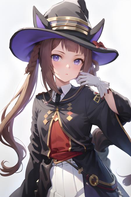 sweep tosho \(umamusume\), shobufuku, witch hat, black headwear, witch hat ear, hat red bow, twintails, hair rings, very long hair, black robe, white gloves, wide sleeves, white skirt, looking at viewer, solo , 1girl, horse tail, (simple background), upper body, expressionless, (smile:0.6), (open mouth:0.4)