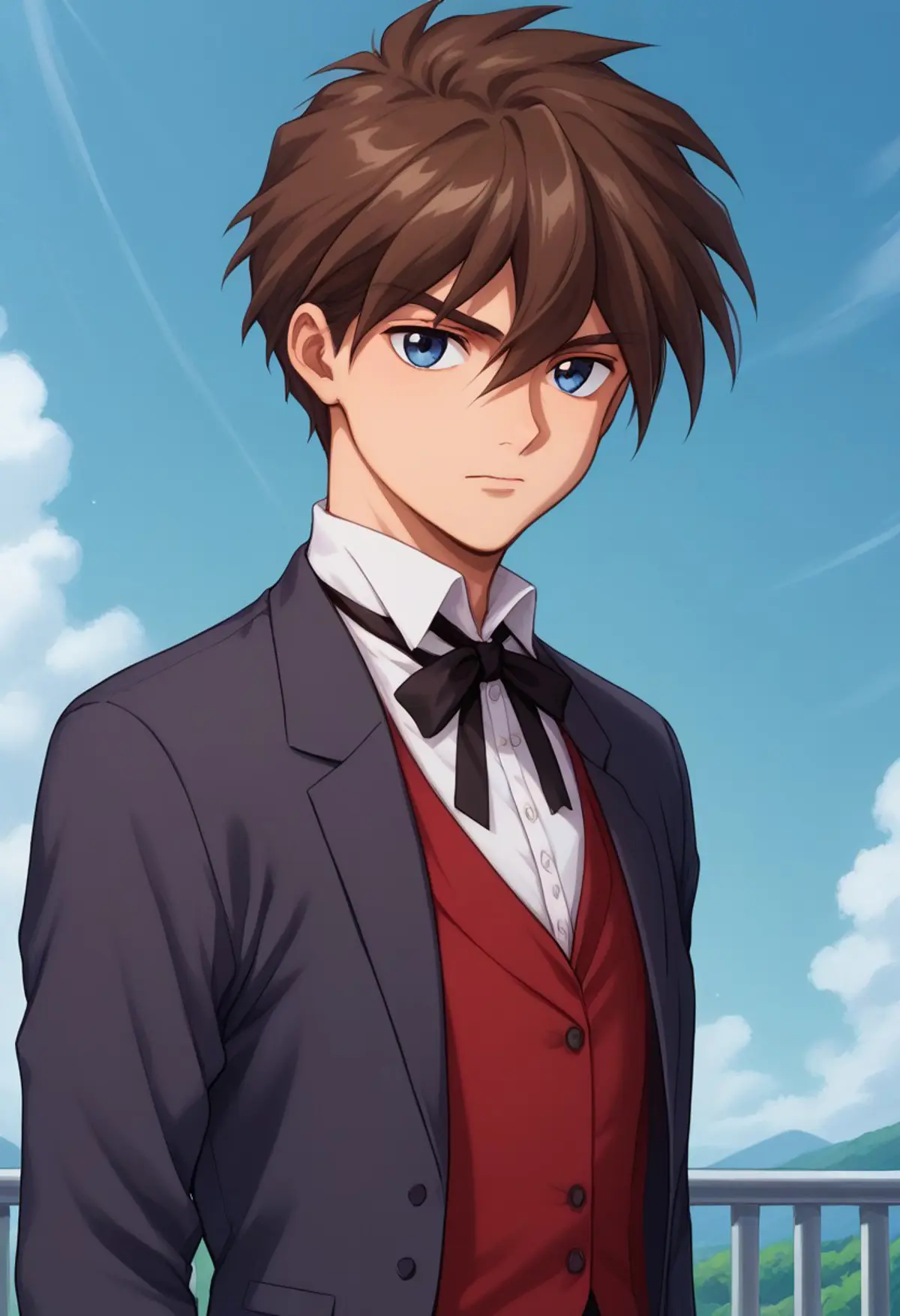 A boy with brown hair and blue eyes wearing a formal dark suit with a red vest and black bowtie looking directly at the viewer. In the background, there is a clear blue sky with some clouds and what appears to be the top of a white railing.