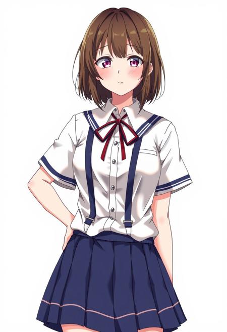 eva school unifrom, 1girl,Emily Willis, solo, tokyo-3 middle school uniform,  shirt, short sleeves, suspender skirt, neck ribbon,, ultra detailed, masterpiece, best quality, aesthetic, detailed,