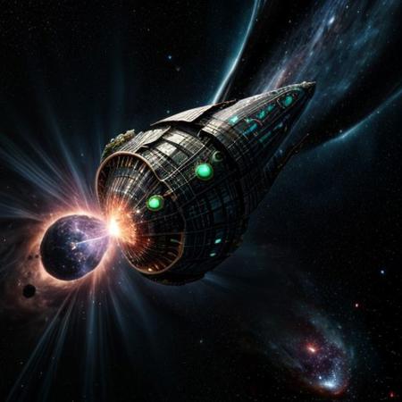 (Space battlecruiser) shaped like fractal (cucumber) in hyperspace, enters into real blackhole, real photo of blackhole hat shape on background,
dynamic movement, explosive force,  glowing, nebula, 8K resolution. shine, hyperspace gate