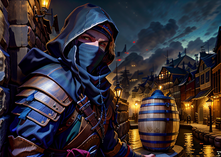 a thief crouch behind a barrel in medieval port, outdoors, medieval port in the background, roguemask ,ligth mask,water,concreate port dock,masterpiece,1guy, sharp, ultra detailed, 8k,(high detailed face:1.2),(high detailed hand:1.2),(high detailed skin:1.2),  <lora:RogueMask:1>