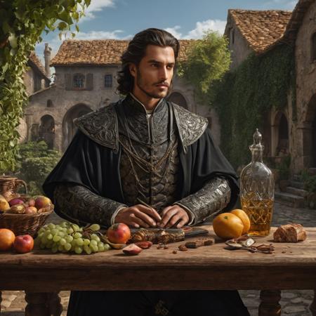 Create a medieval male character, 
standing, 
with an angular face, 
focused sharp and attractive, 
clear detailed and defined eyes and rich clean and shiny clothing, 
20K, 
3D, 
background of a country setting with an outdoor table with delicacies, 
hyper detail, 
highly detailed, 
fine detail, 
hyperrealistic, 
surrealism, 
ultra hd, 
realistic, 
vivid colors, 
perfect composition, 
beautifully detailed intricate insanely detailed octane rendering trending on artstation, 
8k art photography, 
natural volumetric cinematic, 
perfect light, 
chiaroscuro, 
award - winning photograph, 
masterpiece, 
oil on canvas, 
raphael, 
caravaggio, 
greg rutkowski, 
beeple, 
beksinski, 
giger