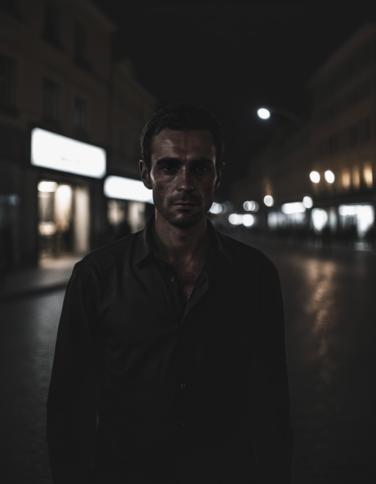 a dark photo of a european man,  night