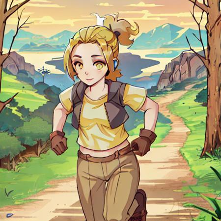 solo, senna, human, female, yellow eyes, gloves, running, brown pants, forest, trees, mountain <lora:pk_senna-000008:0.8>