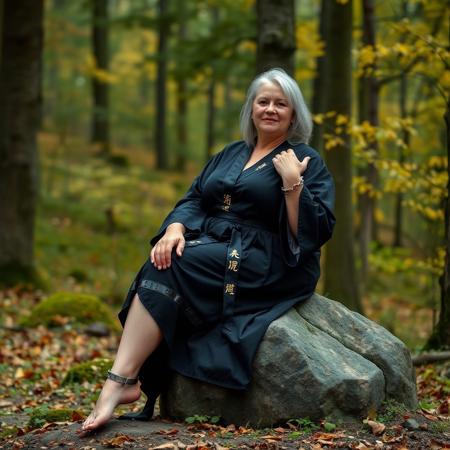 there is a woman sitting on a stone in the woods, robes with golden characters, barefoot, outdoors business portrait, lush forest in background, 
metal cuffs are locked on her ankles and chained to a tree
 inspired by Grethe Jürgens, sexy pudica pose gesture, disrobed, during autumn, relaxing after a hard day, older woman, fullbody photo, by Rajmund Kanelba, reclining, plus size woman