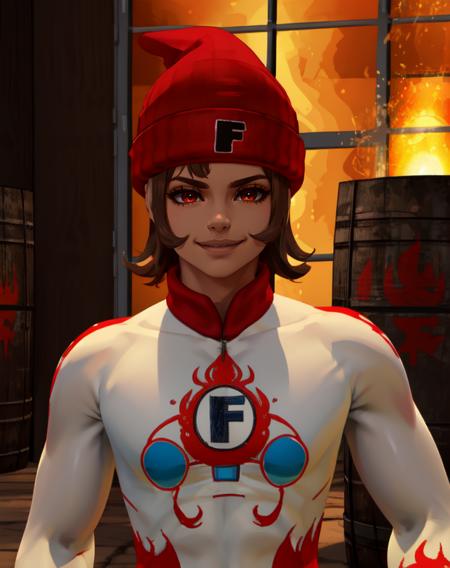 Heat, brown hair, red eyes, white and red body suit with flames, red beanie with letter F, red gloves, 
solo, standing, smile,
 burning building, windows, barrels, indoors, 
 (insanely detailed, beautiful detailed face, masterpiece, beautiful detailed eyes, best quality)
 <lora:heat-10v6:0.8>