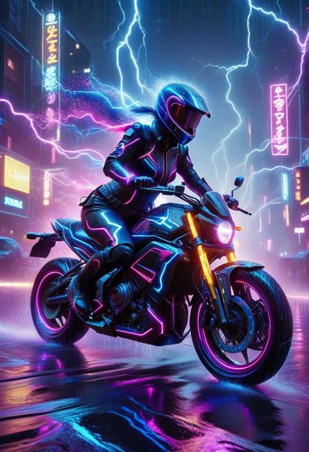 lthndrtrl
A cyberpunk warrior riding a sleek, glowing motorcycle through a rain-soaked neon city, lightning strikes reflecting off wet streets, electric sparks trailing behind, vibrant pinks, blues, and purples, hyper-detailed, cinematic depth, 4k