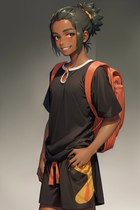 pokemonhau dark skin dark-skinned male short ponytail black t-shirt shorts backpack