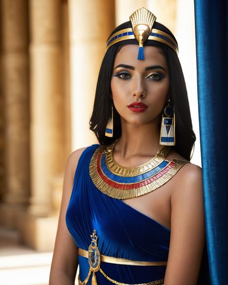 (RAW photo:1.4), (Realistic:1.3), (Highest Quality:1.6),  Cinematic Lighting, <lora:Cleopatra:0.6>1girl, cleopatra, Greek features, tanned, pharaoh, egyptian eye makeup,  cleopatras crown, blurry_foreground, depth_of_field, dress, solo, long straight black_hair, hair over one shoulder, blue sapphire jewelry, gold jewelry,  dress, red lips, necklace, egyptian blue curtains, <lora:add-detail-xl:1.2>,  <lora:Building_Egyptian:1.15>, (building_egyptian:1.3) background, (full body:1.4), shiny skin, rays of light, raytraced