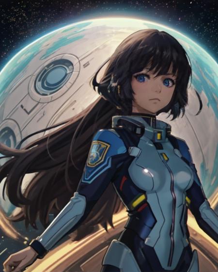 (anime), (illustration), cartoon, detailed, A woman in a futuristic space uniform, against the background of the spaceport <lora:AlisSelez512New200:0.8> <lora:detail_slider_v4:2>, maximum details