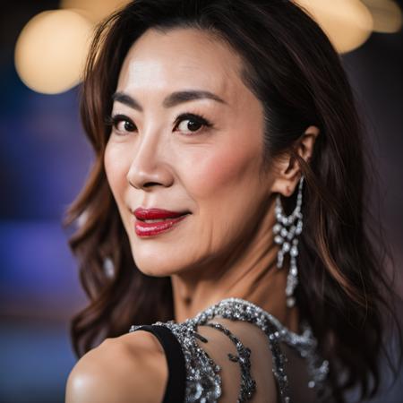 professional fashion close-up portrait photography of a young beautiful michelle yeoh in the city at night, Nikon Z9, bokeh