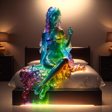 a statue of a (colorful glaze, transparent:1.2) girl, sexy pose, sitting, long hair, bikini, (solo:1.2), <lora:colouredglazecd-000006:0.7>, colouredglazecd, no humans, high quality, masterpiece, realistic, photorealistic, long-focus,  looking at viewer, in bedroom, on bed,