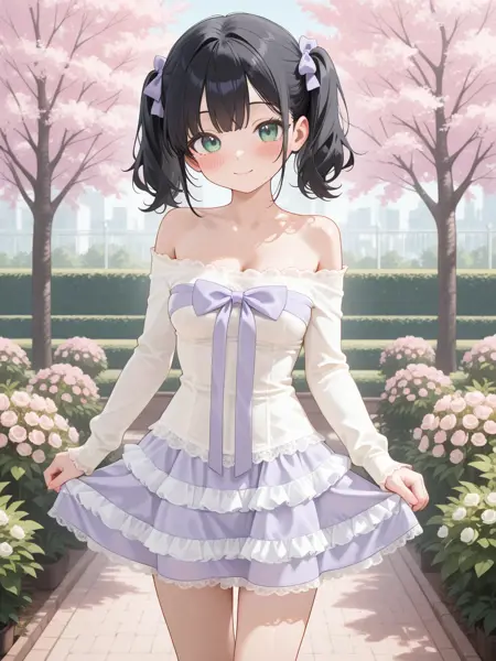 White off-shoulder shirt, purple frilled short skirt