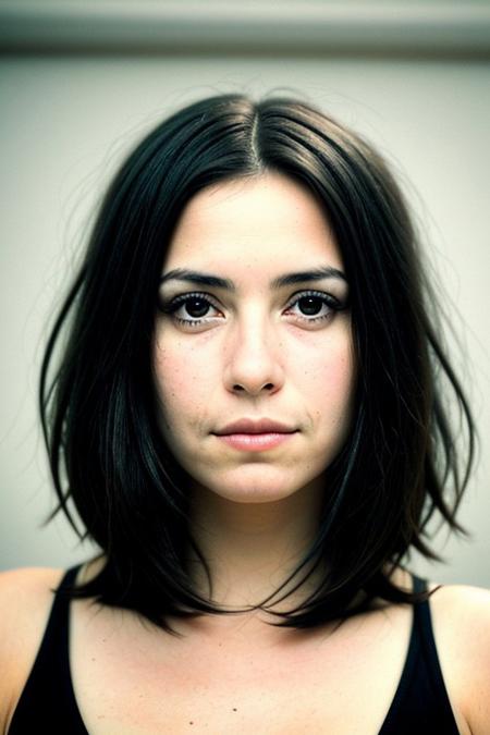 The image portrays a young woman with long, dark hair holding a vintage camera close to her face, partially obscuring one of her eyes. She gazes directly into the lens with an intense, thoughtful expression. The photograph has a distinct cinematic and nostalgic aesthetic, with soft lighting, a grainy texture, and subtle color grading that gives it a vintage, film-like quality.
Subject and Composition
The subject's face is positioned slightly off-center, drawing immediate attention to her sharp and expressive features. Her dark, well-defined eyebrows frame her deep-set eyes, which are slightly shadowed, adding to the introspective mood of the image. Her lips, which are slightly parted and tinted a natural red, contrast subtly with her smooth, pale skin. Strands of hair fall loosely across her face, reinforcing the unposed, organic nature of the portrait.
The camera she holds is an older model, silver and black with a rounded lens, possibly a vintage point-and-shoot film camera. Its reflective surface catches some light, making it a noticeable focal point. Her fingers gently rest on the camera's body, showcasing her relaxed grip, suggesting familiarity and comfort with the device. The camera partially obscures her left eye, creating an artistic and symbolic interplay between the act of capturing an image and being observed.