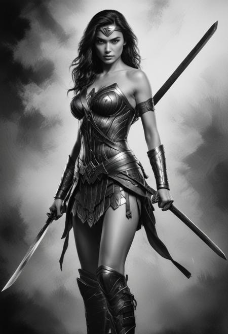 standing pose of Wonder Woman as a samurai,  she wears the classic samurai suit, professional studio quality image, heroic pose, dramatic lighting, ultra realistic photograph, professional art, black and white ink art painting