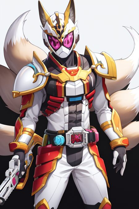 white armor, holding gun, fox, helmet, tokusatsu, belt, solo