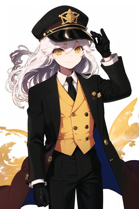 Pisces, 1boy, hat, male focus, yellow eyes, gloves, solo, edmond dantes (fate), simple background, pants, looking at viewer, black pants, jacket, smile, white background, long sleeves, black headwear, shirt, formal, black gloves, wavy hair, white hair, suit
<lora:Pisces:1>