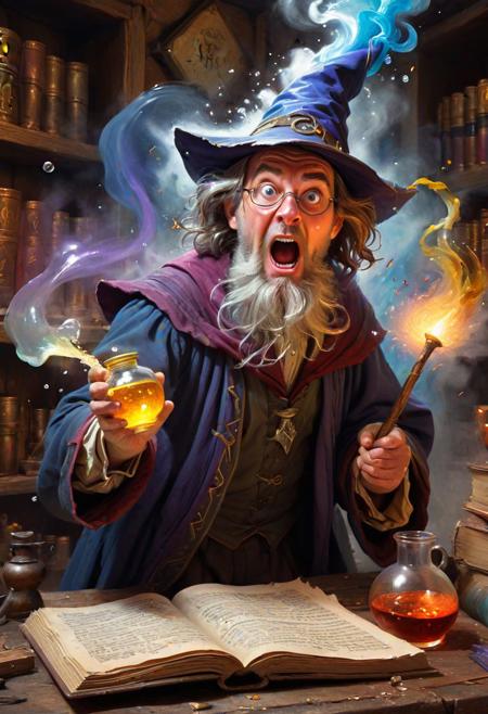 bumbling wizard, surprised expression, comical pose, apprentice running away in background, potions bubbling over, spellbook open with illegible writing, classic oil painting style, vibrant colors, detailed facial expressions