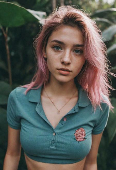 realistic photo of Beautiful young woman in Bali, dark green crop (polo shirt), sunrise, relaxing, hippie style, chest tattoos, low rise denim pants, sneaker, 8mm film, analog photography style, age 25, pink to blue faided hair, hair roots slightly faded, spanish, petite and skinny, slender, thin, influencer, light freckles, light blue eyes, sexy makeup, instagram, detailed skin texture, detailed eyes, detailed face, small waist, small breats, small breasts, detailed hard nipples, gluteal crease, full body view, midriff, low rise,