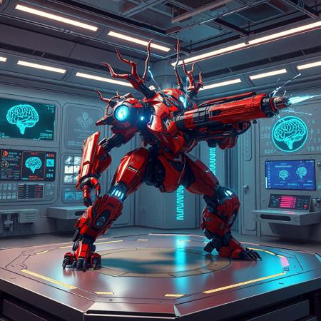 "Dynamic 3D render of Dingirsu, the Orcust of the Evening Star, a towering crimson-red mechanoid with glowing azure circuitry accents, standing in a combat stance on a sterile Brain Research Lab platform. Its hydraulic limbs are splayed aggressively, wielding a futuristic plasma cannon aimed rightward, energy coils charging with neon-blue sparks. The lab features holographic brain scans, floating data screens, and sterile titanium walls etched with biotech glyphs. Dramatic Dutch angle shot with Unreal Engine 5 realism, Octane Render textures, and Raphael-style chiaroscuro lighting. Metallic surfaces reflect holographic UI projections, while splash ink effects blend with digital glitches for cyberpunk contrast. 8K resolution, hyper-detailed armor plating, ArtStation trending, golden ratio composition, dominated by crimson and cobalt with chromatic aberration accents."