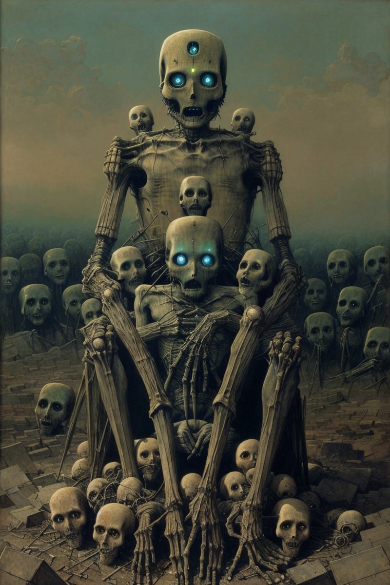 a painting of a robot sitting on a pile of skulls, disturbing, creepy, gloomy, rotten, by zdzislaw beksinski