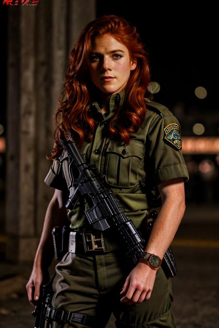 cop costume ,  war , night <lora:Rose_Leslie:1> masterpiece, best quality, detailed face, a mature r1873l, 1girl, solo, red hair,