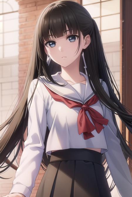 mikotokuga, <lora:mikoto kuga s1-lora-nochekaiser:1>,
mikoto kuga, long hair, bangs, black hair, blunt bangs, (black eyes:1.3),
BREAK skirt, long sleeves, bow, school uniform, white shirt, serafuku, black skirt, sailor collar,
BREAK indoors, classroom,
BREAK looking at viewer, (cowboy shot:1.5),
BREAK <lyco:GoodHands-beta2:1>, (masterpiece:1.2), best quality, high resolution, unity 8k wallpaper, (illustration:0.8), (beautiful detailed eyes:1.6), extremely detailed face, perfect lighting, extremely detailed CG, (perfect hands, perfect anatomy),