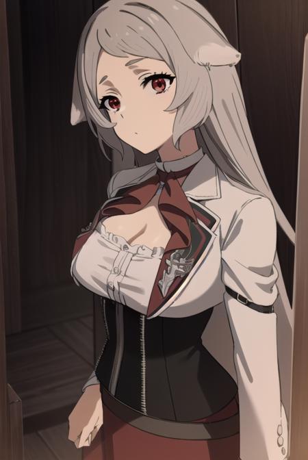 pursenaadoldia, <lora:pursenaadoldias2-lora-nochekaiser:1>,
pursena adoldia, long hair, (red eyes:1.5), animal ears, very long hair, grey hair,
BREAK cleavage, skirt, long sleeves, pantyhose, frills, shoes, red skirt,  loafers, white pantyhose, blazer, (white blazer:1.5), corset, (black corset:1.5),
BREAK indoors, classroom,
BREAK looking at viewer, (cowboy shot:1.5),
BREAK <lyco:GoodHands-beta2:1>, (masterpiece:1.2), best quality, high resolution, unity 8k wallpaper, (illustration:0.8), (beautiful detailed eyes:1.6), extremely detailed face, perfect lighting, extremely detailed CG, (perfect hands, perfect anatomy),