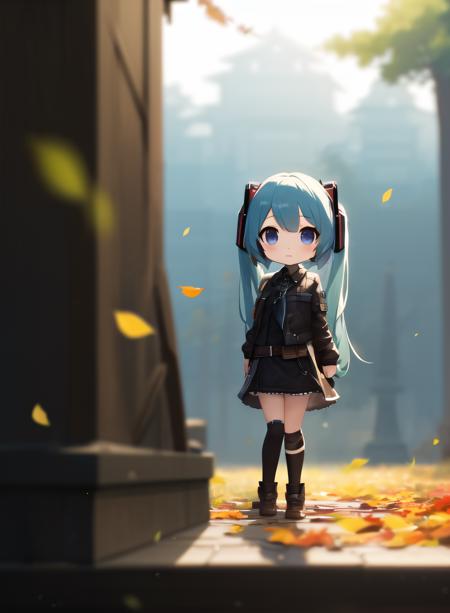 masterpiece, best quality, 8k, cinematic light, ultra high res, chibi, 1girl, full body, miku, fall  <lora:chibifyV1:0.6> , (depth of field:1.3), (vignette:1.2)