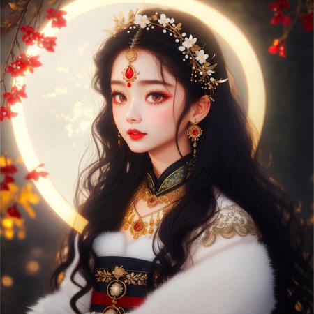 tzuyu, 1girl, solo, black hair, black eyes, blush, [straight hair|wavy hair], (messy hair, fluffy hair, long hair:1.1), scenery, atmospheric lighting, light rays, bokeh, depth of field, sparkle, red lips, child, hanfu, branch, flower, jewelry, crescent moon, light smile, wide sleeves, glowing <lora:shanzhagaoSomeSortOf_v1Epoch10:0.7>, (8k, best quality, masterpiece:1.0),(best quality:1.0), (ultra highres:1.0)