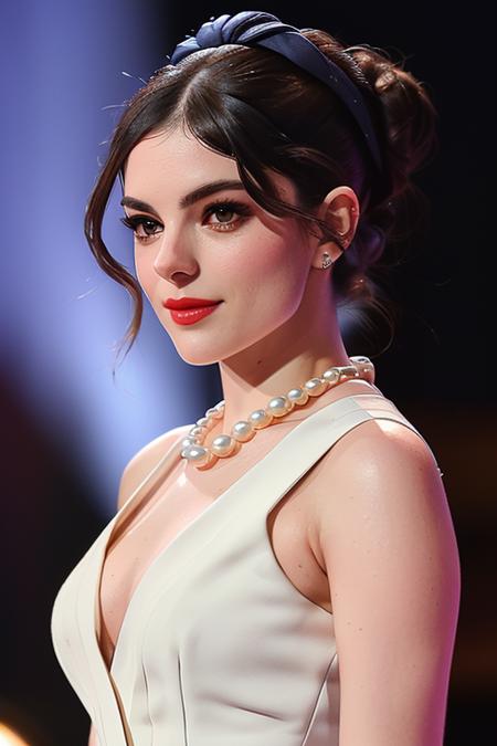 photo of a woman, monicab:0.99,((fancy dress, pearl necklace, fancy updo, hair up):1.1), ((on stage, spotlights):1.2), ((red lipstick, makeup)), (smile), ((best quality, masterpiece, extreme details, high resolution):1.2),((detailed eyes, beautiful eyes, detailed face, beautiful face):1.2)