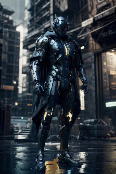 (full body, (dynamic pose)), muscular male android humanoid, flowing dark thick cloth cloak, dark metallic armour, neon parts, advanced civilization, towering structures,skyscrapers, immersed beautiful lights, fully detailed environment, (rim lighting, studio lighting, rain, distant moonlight, night, bloom), (cinematic, best quality, masterpiece, ultra HD textures, highly detailed, hyper-realistic, intricate detail, 8k, photorealistic, concept art, matte painting, autodesk maya, vray render, ray tracing, hdr), (dslr, full frame, 16mm focal length, f/8 aperture, dynamic perspective, dynamic angle, wide field of view, deep depth of field, (zoom out:1.2)) <lora:MISC-epi_noiseoffset2:0.3>  <lora:urbansamuraiv0.14:0.4>techwear,urbansamurai <lora:3dCGStyleRealistic:0.2> <lora:lou:0.2>3d, realistic <lora:cyberhelmetv0.7:0.7> cyborg in a cyberhelmet head <hypernet:dr0ne_1:0.15> <hypernet:sxzBloom_sxzBloom:0.3><hypernet:LuisapSciFiHard_v1:0.1>
