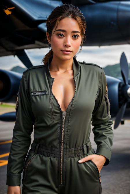 photo of (H4n4M0n01), a woman as a sexy air force pilot, (wearing air force pilot jumpsuit), (open zipper jumpsuit with cleavage:1.2), modelshoot style, (extremely detailed CG unity 8k wallpaper), photo of the most beautiful artwork in the world, professional majestic photorealistic picture, canon m50, trending on ArtStation, trending on CGSociety, Intricate, High Detail, Sharp focus, dramatic, photorealistic painting art by midjourney, (trousers), ((standing inside a hangar)), ((airplanes in the background)), (looking at viewer:1.2), (detailed pupils:1.3), (revealing outfit:1.2), (closeup:1.3), (extremely sexy), (cleavage:1.1), 8k uhd, dslr, soft lighting, high quality, film grain, Fujifilm XT3 sharp focus, f 5.6,, cinematic light, sidelighting, Fujiflim XT3, DSLR, 50mm ,<lora:add_detail:0.4>, <lora:LowRA:0.5>