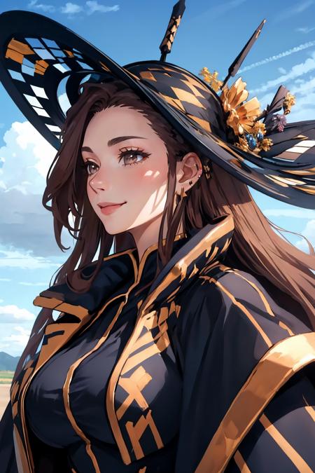 masterpiece, best quality, <lora:fsrdorothea-nvwls-v1-000009:0.8> fsrdorothea, hat, earrings, black dress, jacket on shoulders, large breasts, profile, smile, sky, clouds