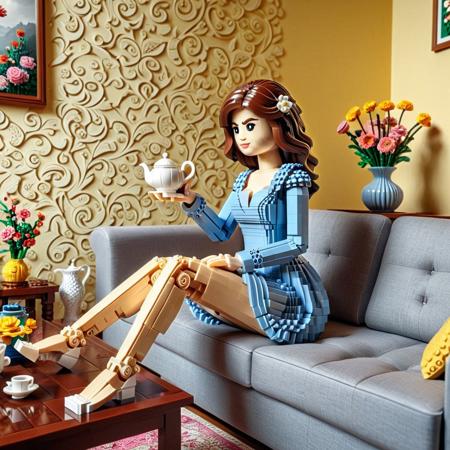 expert Lego set, solo, absurdres, 1girl, breasts, gluteal fold, cute, hands, touching teacup, full body, feet, side view, teapot on table, 1female sitting on sofa, full sleeve dress, beautiful indoor background, vase, flower, couch, wall decoration, best quality, detailed image, 4k, 8k