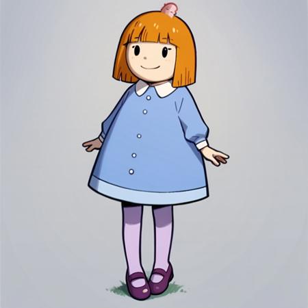 BethObl, 1girl, orange hair, bob cut, blunt bangs, black eyes pink head sprout white-collared light blue buttoned dress light purple leggings purple mary jane shoes <lora:BethObl:1>