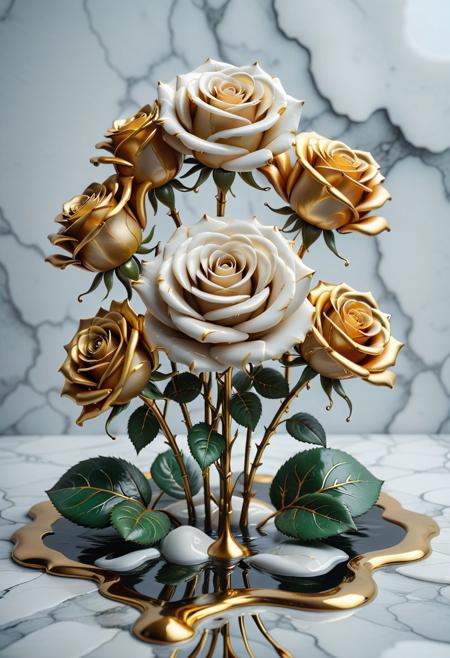 Liquid Marble floor, detailed, ultrarealistic, gold dripping, liquid marble roses, liquid marble bouquet of white gold roses,