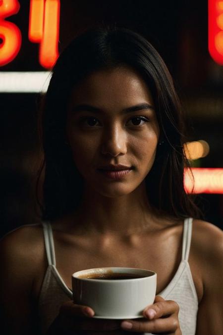 Close up Shot face, in a low-key style with the grainy texture of expired film, the photo offers a close-up view from above of a photo-realistic close up medium shoot body of beautiful girls figure stands tall, depicted in full body, gently cradling a steaming small cup of coffee. The attention to detail captures every nuance of the subject's features and attire, creating a lifelike representation that almost breathes with realism. Against the backdrop of vibrant neon signage, the scene comes alive with a juxtaposition of warmth and urban energy. The subject's expression exudes a sense of calm amidst the bustling cityscape," Bathed in the dim neon color full light of a blacked-out large window showcasing the city's glowing neon signs, the scene is a captivating mix of dramatic shadows, a washed-out color palette, and a shadowy ambiance reminiscent of a Kodak Portra 800 night shot.