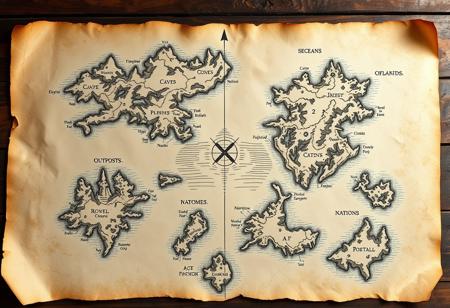 drawn on a dirty, slightly burned that lying on the wooden old table paper: detailed map of a fantasy world with marks for: caves, cities, outposts, islands, sea names, nations, and portals. there is X mark in the middle of the ocean on the map. authentic, sharp, smooth, trending on artstation,
