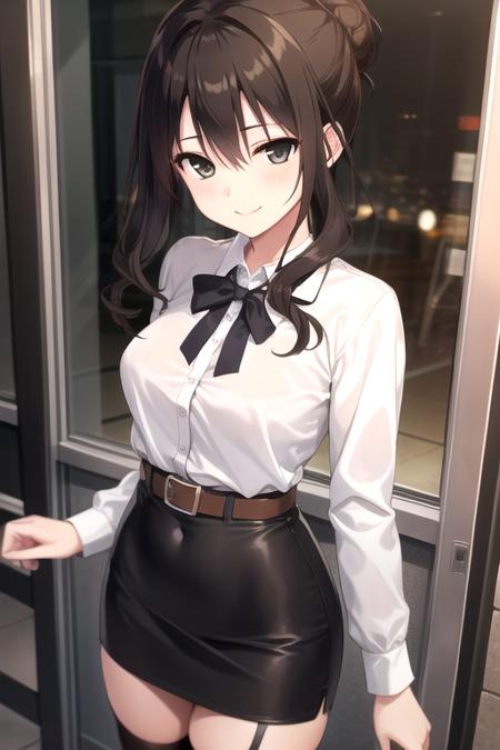 Nase Yaeka brown hair,long wavy hair,single hair bun,hair intakes,sidelocks,hair between eyes,bangs,brown eyes collared shirt,white shirt,large breasts,long sleeves,belt,pencil skirt,black skirt,garter straps,black thighhighs,high heels